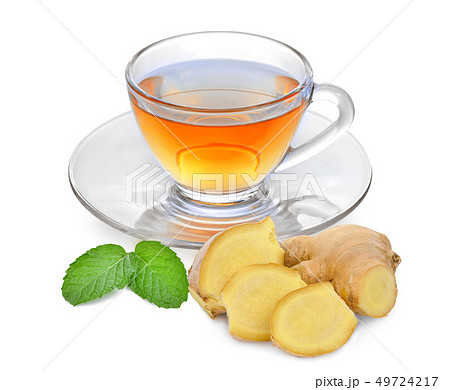 hot ginger tea with ginger root and mint leaf hot ginger tea with ginger root and mint leaf 49724217