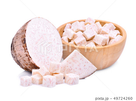 sliced taro root isolated on white background 49724260