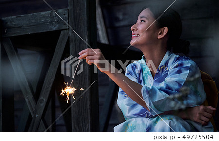 Woman Summer Yukata Fireworks Stock Photo