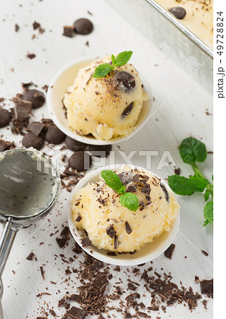 Vanilla Ice Cream With Chocolate and Mint 49728824