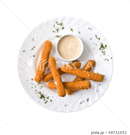 Cheese fried and sauce on a white plate. isolated on white background. Top view Cheese fried and sauce on a white plate. isolated on white background. Top view 49731052