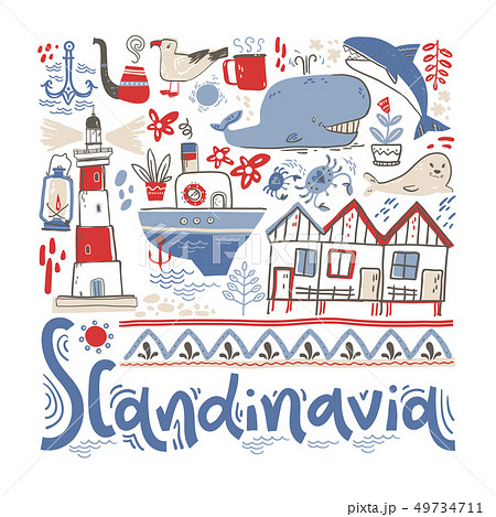 Scandinavia. Hand lettering with design elements in the square. Vector  illustration 49734711