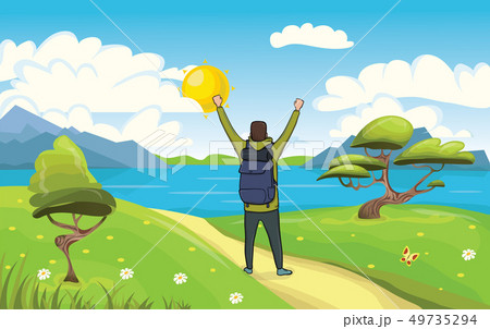 A young happy man, backpacker with raised hands on the seaside. Hiker, Explorer. A symbol of success A young happy man, backpacker with raised hands on the seaside. Hiker, Explorer. A symbol of success 49735294