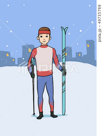 Cross country skiing, winter sport. Young man with skis standing on the background of the evening 49735769