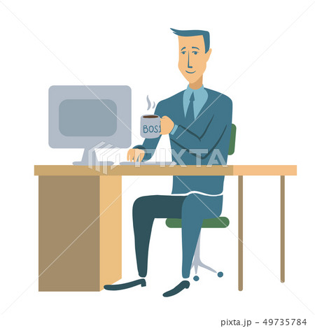 A young businessman or office worker sitting at a table and working at a computer. Man character 49735784