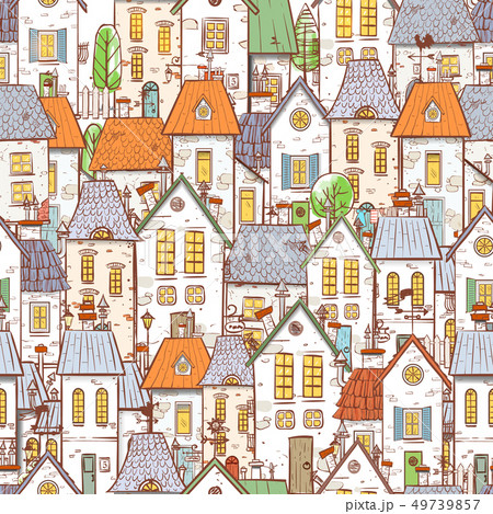 Seamless pattern with cartoon doodle houses. Can be used for wallpaper, pattern fills, textile, web 49739857