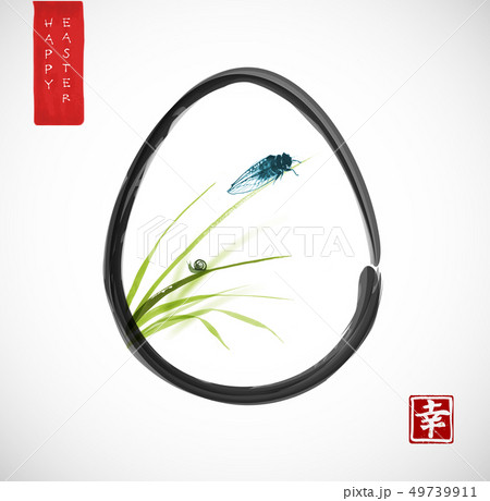 Easter greeting card with cicada and little snail on leaves of grass. Traditional Japanese ink wash Easter greeting card with cicada and little snail on leaves of grass. Traditional Japanese ink wash 49739911