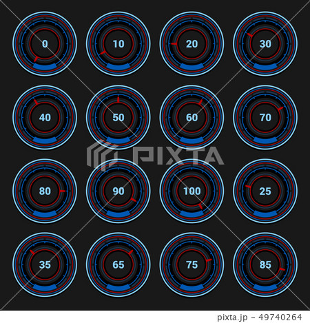 Speedometer and Indicators Icons Set on Dark Background. Vector 49740264