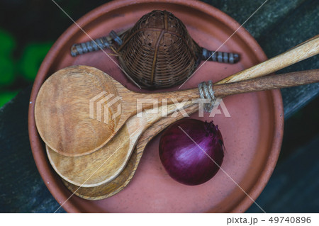 Onion with spoons in a plate Onion with spoons in a plate 49740896
