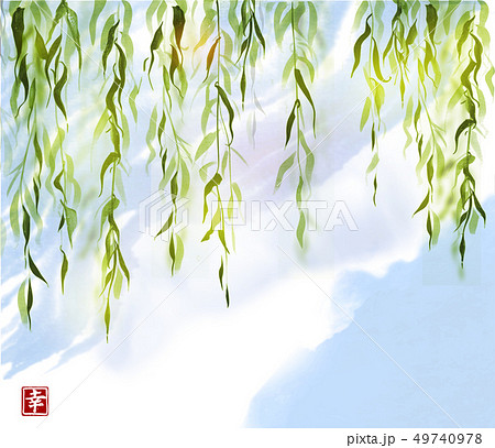Green willow tree on blue sky background. Traditional Japanese ink wash painting sumi-e. Sign - 49740978