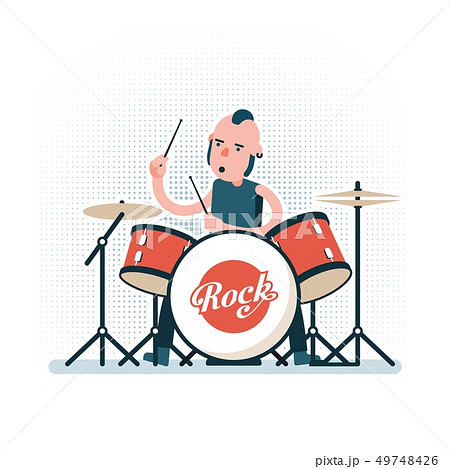 Cartoon rock drummer playing on drum set Cartoon rock drummer playing on drum set 49748426