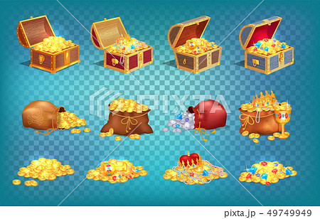 Gold Treasures in Old Wooden Chest and Fabric Bag Gold Treasures in Old Wooden Chest and Fabric Bag 49749949