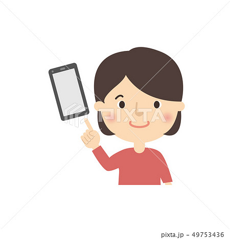 女性：女の子 指差し チェック ポーズ スマホ スマートフォン 49753436