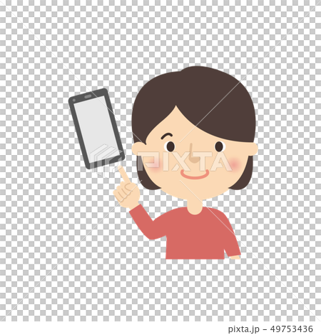 女性：女の子 指差し チェック ポーズ スマホ スマートフォン 49753436