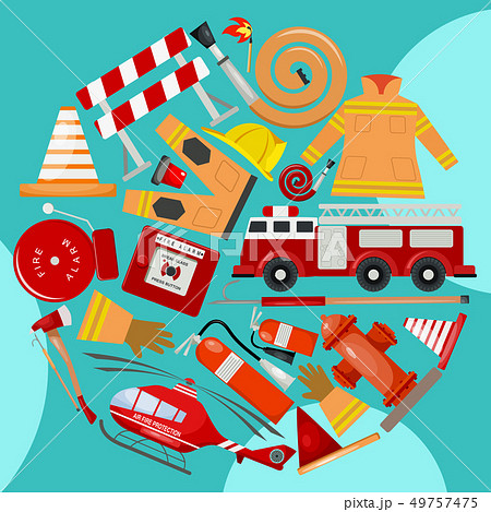Fire safety round pattern vector illustration. Firefighting equipment and tools firehose hydrant 49757475