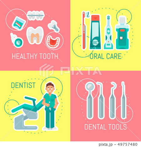 Dentistry banner vector illustration. Dental clinic, oral care with brush, paste, mouse wash. Set of 49757480