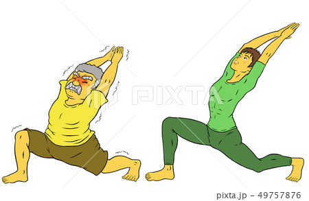 ヨガフィットネスをする、インストラクターの男性とシニア男性 ヨガフィットネスをする、インストラクターの男性とシニア男性 49757876