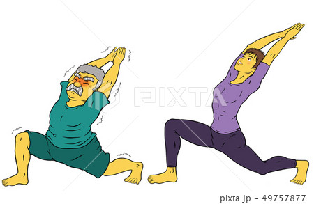 ヨガフィットネスをする、インストラクターの男性とシニア男性 ヨガフィットネスをする、インストラクターの男性とシニア男性 49757877