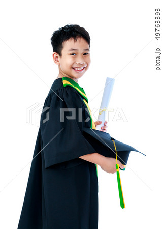 Asian child in graduation gown with diploma Asian child in graduation gown with diploma 49763393