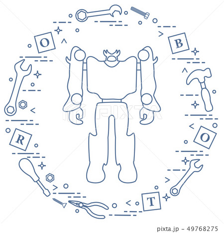 Robot, cubes, screwdriver, wrench, screw, hammer Robot, cubes, screwdriver, wrench, screw, hammer 49768275