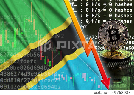 Tanzania flag and falling red arrow on bitcoin 49768983