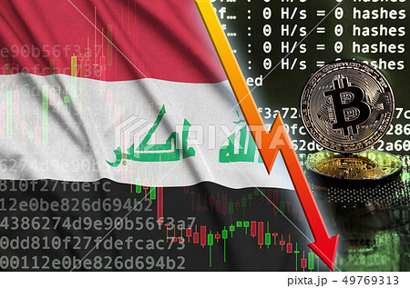 Iraq flag and falling red arrow on bitcoin mining Iraq flag and falling red arrow on bitcoin mining 49769313