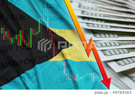 Bahamas flag and chart falling US dollar position Bahamas flag and chart falling US dollar position 49769365