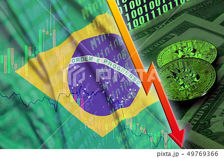 Brazil flag and cryptocurrency falling trend with Brazil flag and cryptocurrency falling trend with 49769366