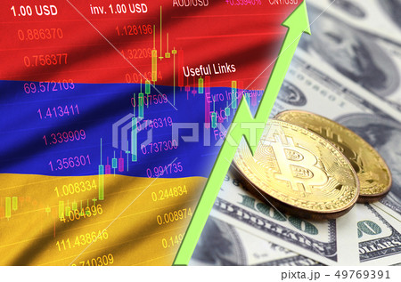 Armenia flag and cryptocurrency growing trend with Armenia flag and cryptocurrency growing trend with 49769391