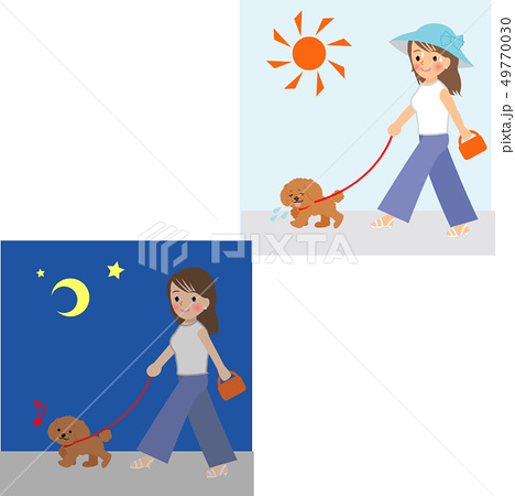 夏の犬の散歩時間のイラスト素材