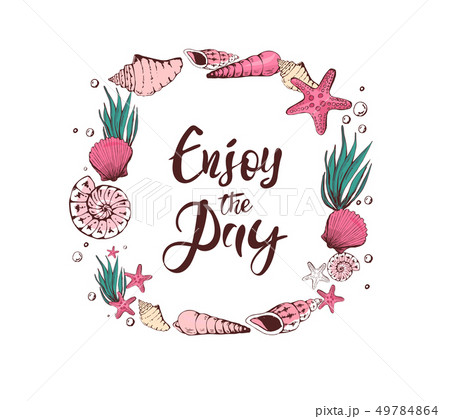 Summer Card Design with Hand Drawn Shells and Sea Stars. Vector illustration. Frame with Place for 49784864