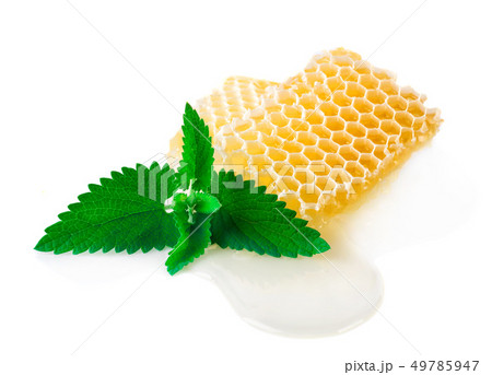 Honey with mint on a white background. Honey with mint on a white background. 49785947