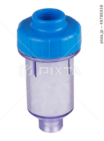 Filter flask transparent, plastic for washing machine, water purification. Isolated on white Filter flask transparent, plastic for washing machine, water purification. Isolated on white 49786938