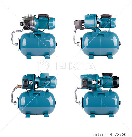 Set automatic water supply stations, isolated white background. Iron pump casing, pressure sensor 49787009