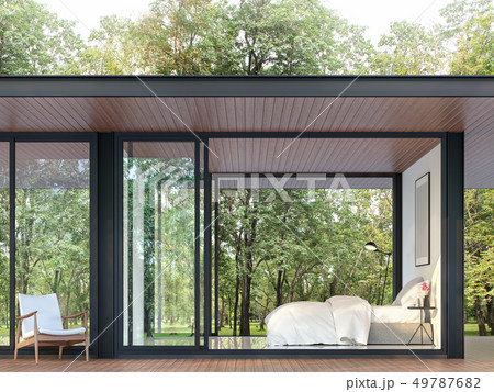 Modern bedroom in glass house 3d render 49787682