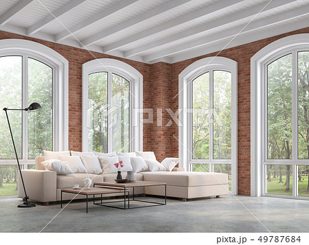 Loft style living room with red brick 3d render 49787684
