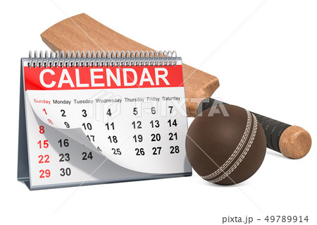 Cricket ball and bat with calendar, cricket events 49789914