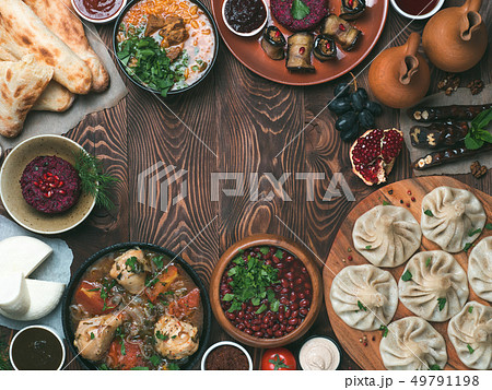 Georgian cuisine on wood table,top view,copy space 49791198