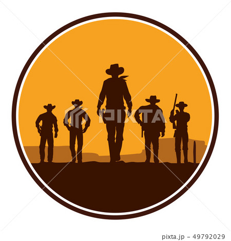 Silhouette of four cowboys walking forward on a wooden board Stock Vector