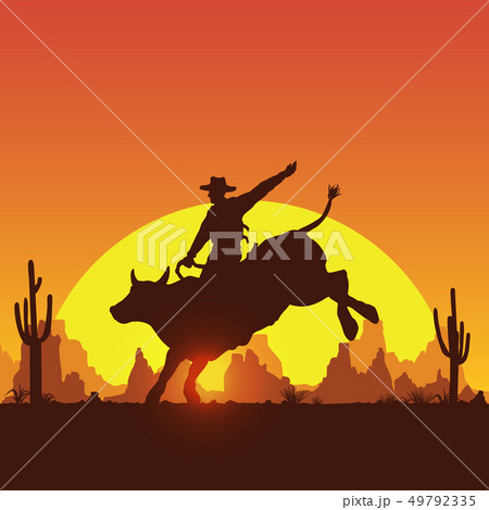 Rodeo cowboy riding bull at sunset, vector Rodeo cowboy riding bull at sunset, vector 49792335