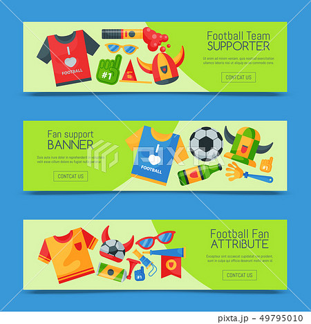 Football team supporter set of banners vector illustration. Soccer sport fan attribute, rooter buff Football team supporter set of banners vector illustration. Soccer sport fan attribute, rooter buff 49795010