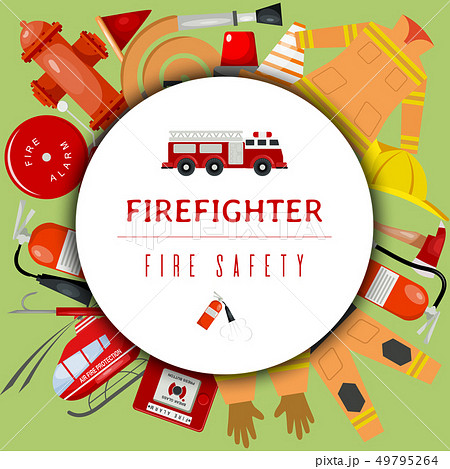 Fire safety round pattern vector illustration. Firefighting equipment and tools firehose hydrant 49795264