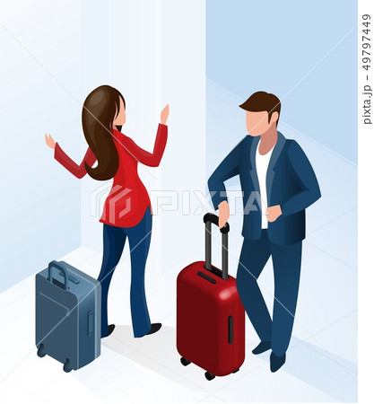 Man and Woman at Hotel Hall with Luggage Suitcase 49797449