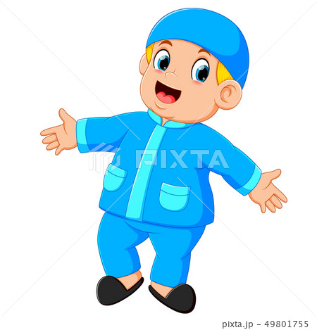 a happy boy is dancing with his new blue clothes 49801755