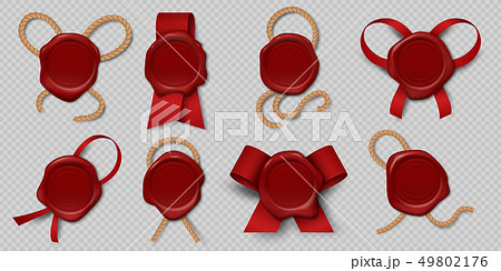 Wax seal. Realistic certificate stamps with ribbons and ropes, 3d medieval royal envelope labels Wax seal. Realistic certificate stamps with ribbons and ropes, 3d medieval royal envelope labels 49802176