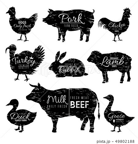 Butcher animals logo. Chicken goat turkey cow pig sheep silhouettes, farm animal butchery shop 49802188
