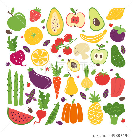 Doodle flat fruits and vegetables. Hand drawn berries potato onion tomato apples, vegetarian set 49802190