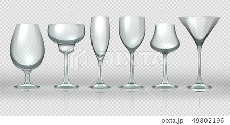 Realistic glass cups. Empty transparent champagne cocktail wine glasses and goblets. Vector 49802196