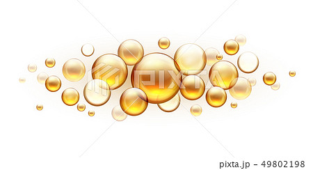 Golden oil bubbles. Cosmetic collagen serum, castor argan jojoba essence vector realistic template 49802198