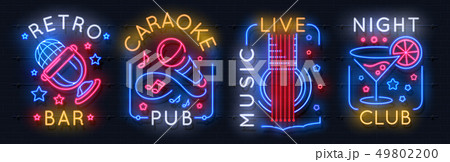 Neon music sign. Karaoke light logo, sound studio light emblem, night club graphic poster. Vector 49802200